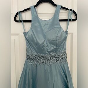 Size 0 Teal Satin Ballgown Dress, Used Once, Waist is lace with silver beads
